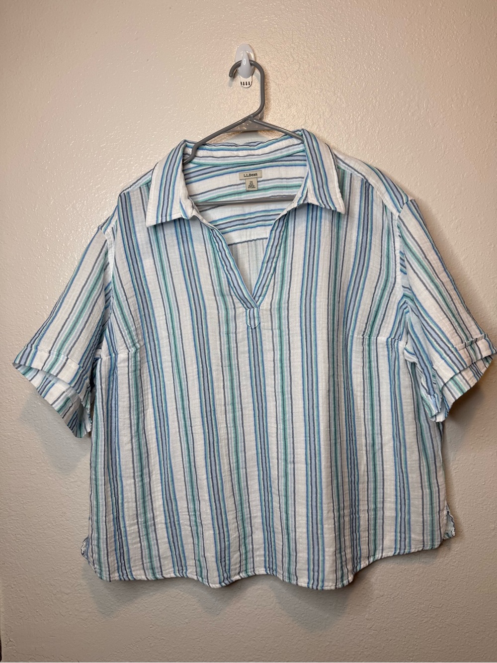 L.L.Bean Women's Striped V-Neck Short Sleeve Popover Cotton Top Size 2X Coastal